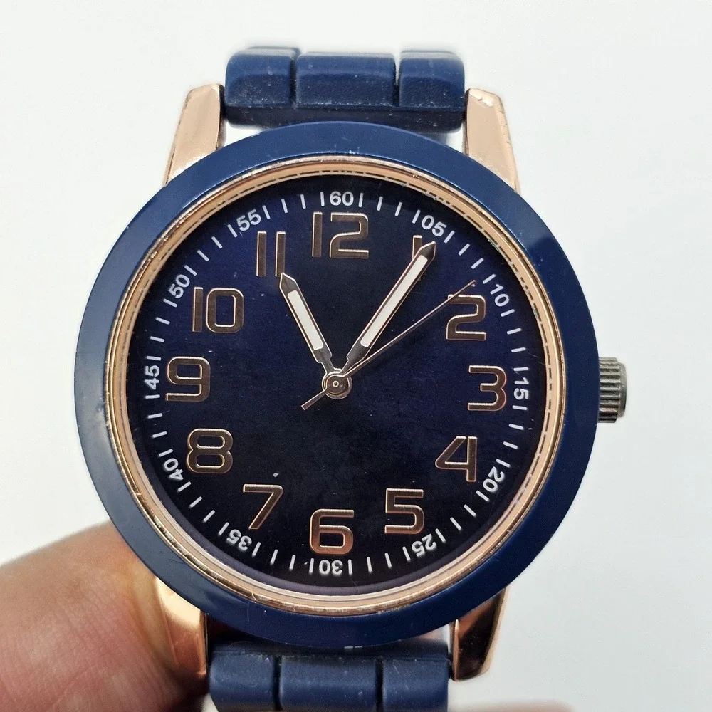 Unisex‎ Watch 38MM Blue Dial Blue Gold Case Blue Plastic Band Straps New Battery